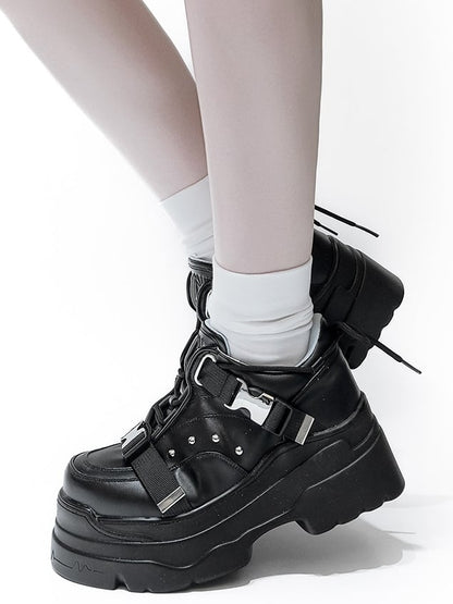 Buckle Platform Side Sneakers System Matte Release Techwear Black with Details Lace-Up PU - Stud