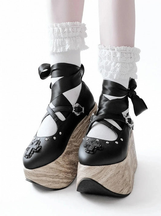 Cross Gothic Black Heel Applique 7cm and Platform Shoes with Lace-up Ankle