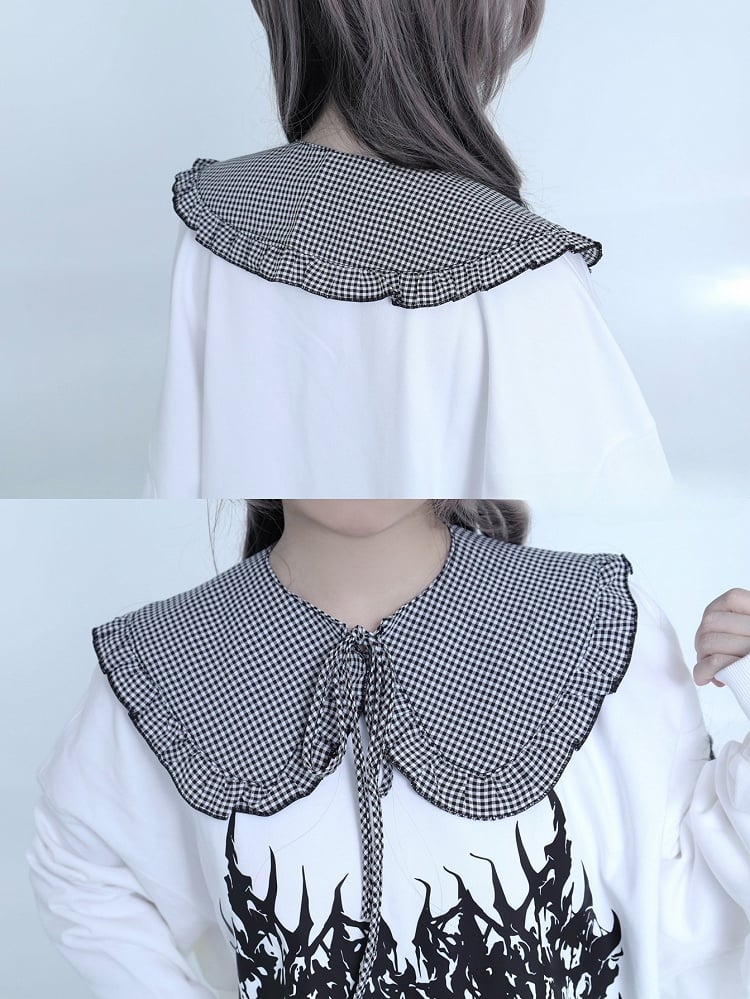 Self-tie Plaid Jirai Trim Ruffles Detachable BlackWhite Collar Strap Kei