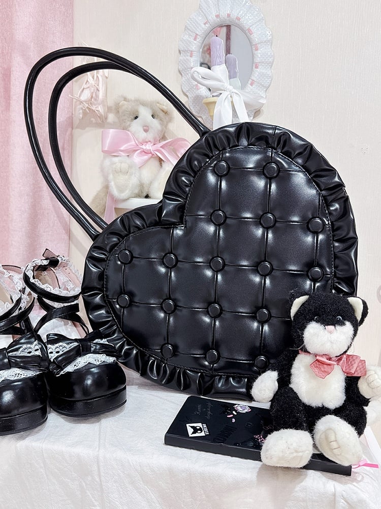 Schwarze Lolita-Schultertasche mit Rüschen, Spitzentasche, Herz-Geldbörse mit Rautenstich