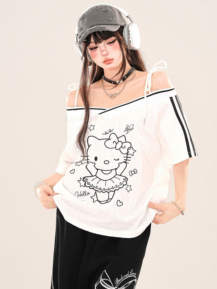 Schwarz/weißes Top mit schulterfreiem Ausschnitt und Kätzchen-Print