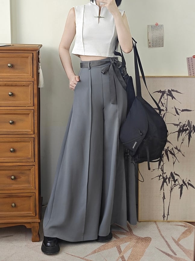 Zipper Grey Style with Back Chinese Belt Set- Wide-leg Pockets Pants Front Waist Slant