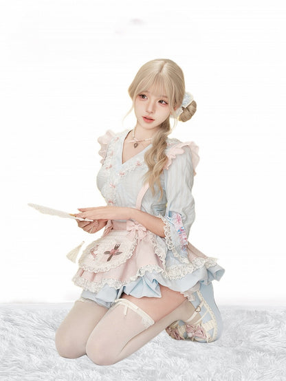 Blue Kimono-Style Long Sleeve Top with Ruffled Lace Accents