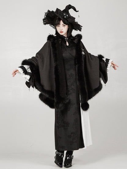 Hooded Winter Cape Coat with Plush Trim in Black - With PUJI
