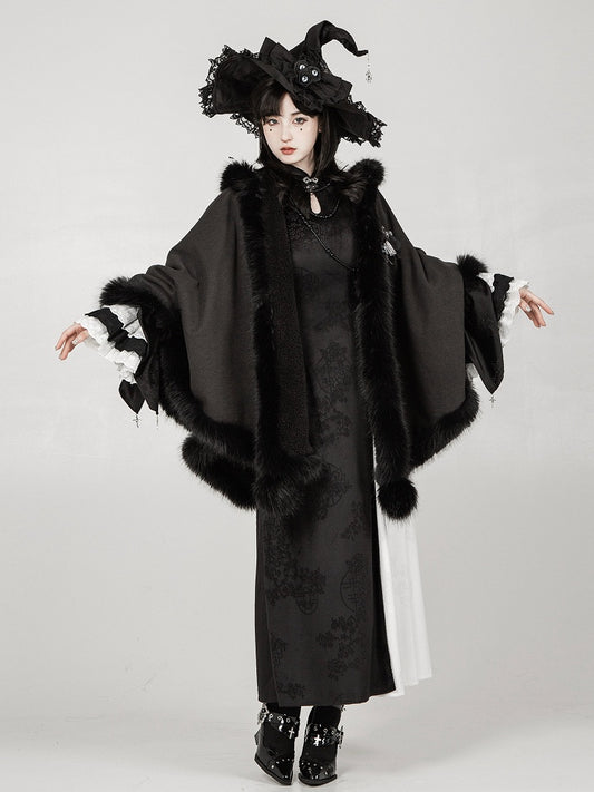 Black Hooded Winter Cape Coat with Plush Trim - With PUJI