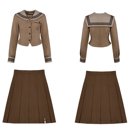 Floral Collar Sailor Embroidery JK Brown Uniform Blouse