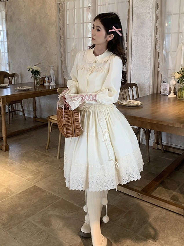 Lace-up Cuff Long Sleeve Blouse Lace Bow - Lan Jian Chuan