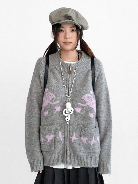 Two-way Pink Placket Zip Knit - Jacket Neck Round Grey