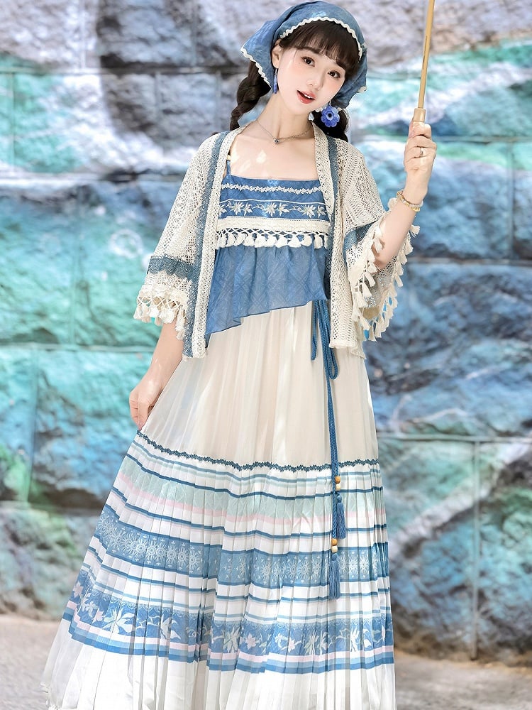 White and Blue Lace Tassel Cardigan with Floral Print Sleeveless Pleated Dress - Han Ru Chu Hanfu &amp; Han-Element Studi