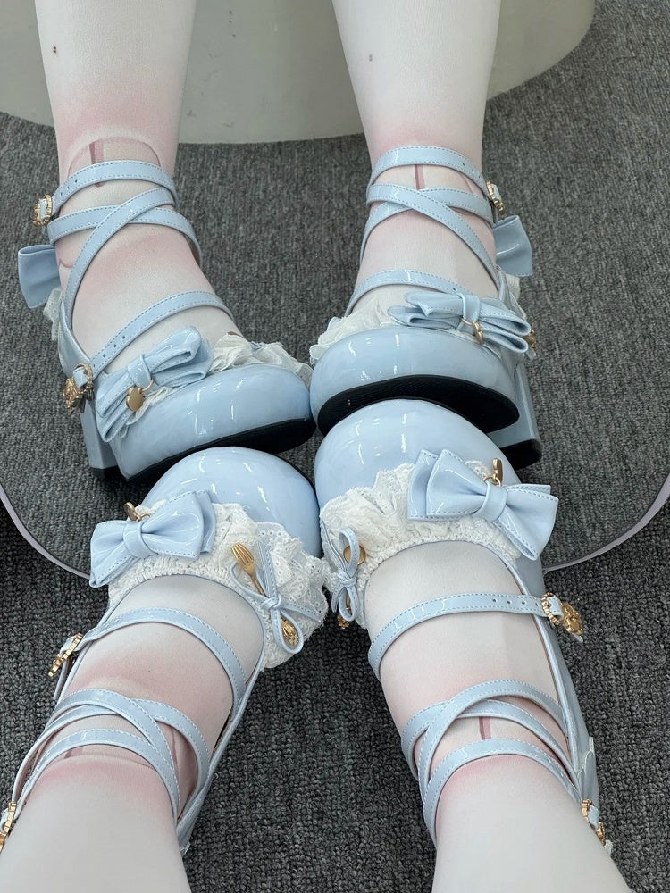 Details Bow Blue Lolita PU Sweet - Mid-heel Shoes