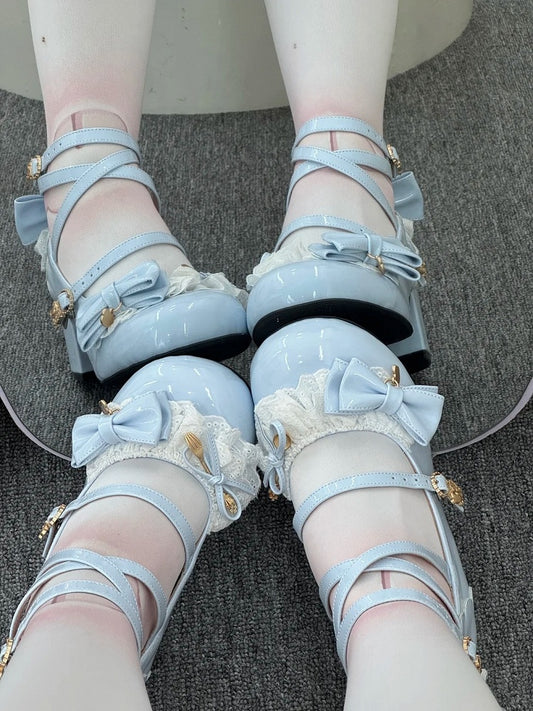 Details Bow Blue Lolita PU Sweet - Mid-heel Shoes