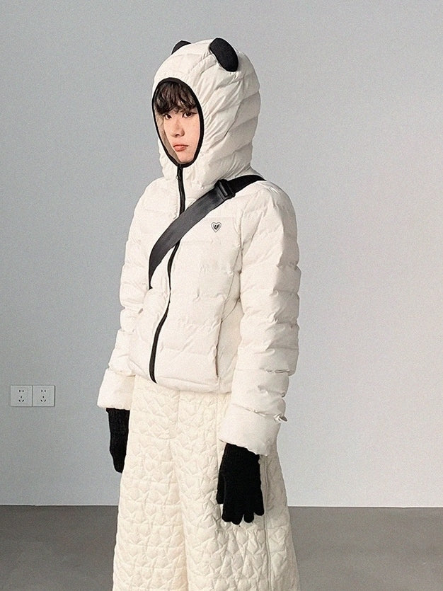 White Jacket Zipper Panda Ear with Decor Hood - Ribbed Daily Kawaii Down Front Hooded