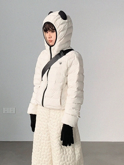 White Jacket Zipper Panda Ear with Decor Hood - Ribbed Daily Kawaii Down Front Hooded
