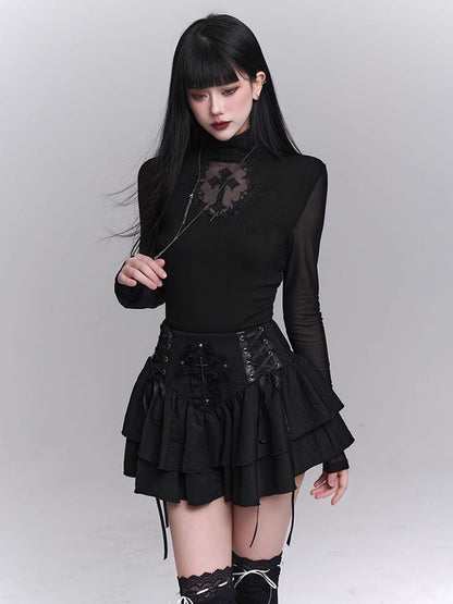Sleeves Black Mock Neck Coffin-shaped Cutout Cross Applique Mesh