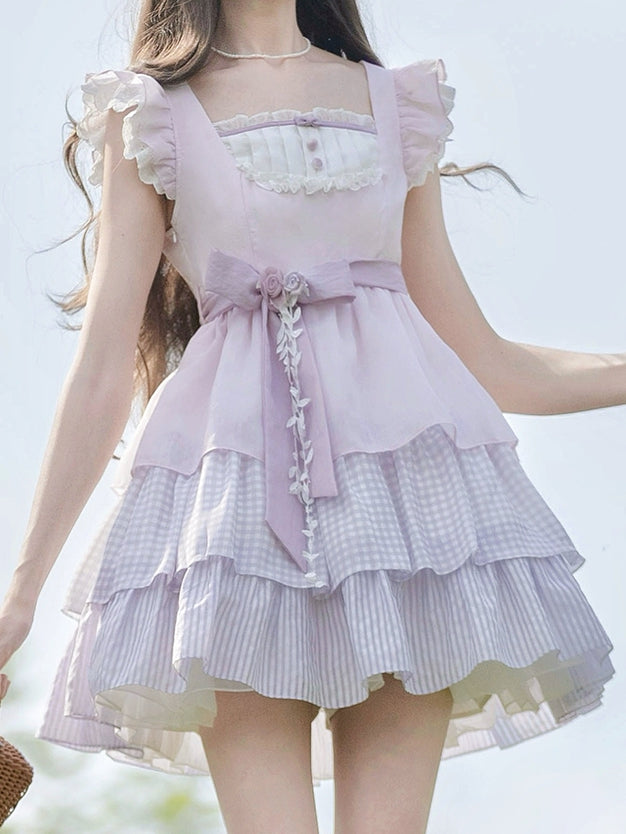 Skirt Floral with Tiered Sweet Lavender Flutter Sleeves Dress