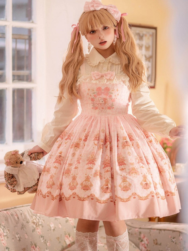 Pink Rabbit Print Lolita JSK Dress with Bow and Lace Details - Strawberry Witch