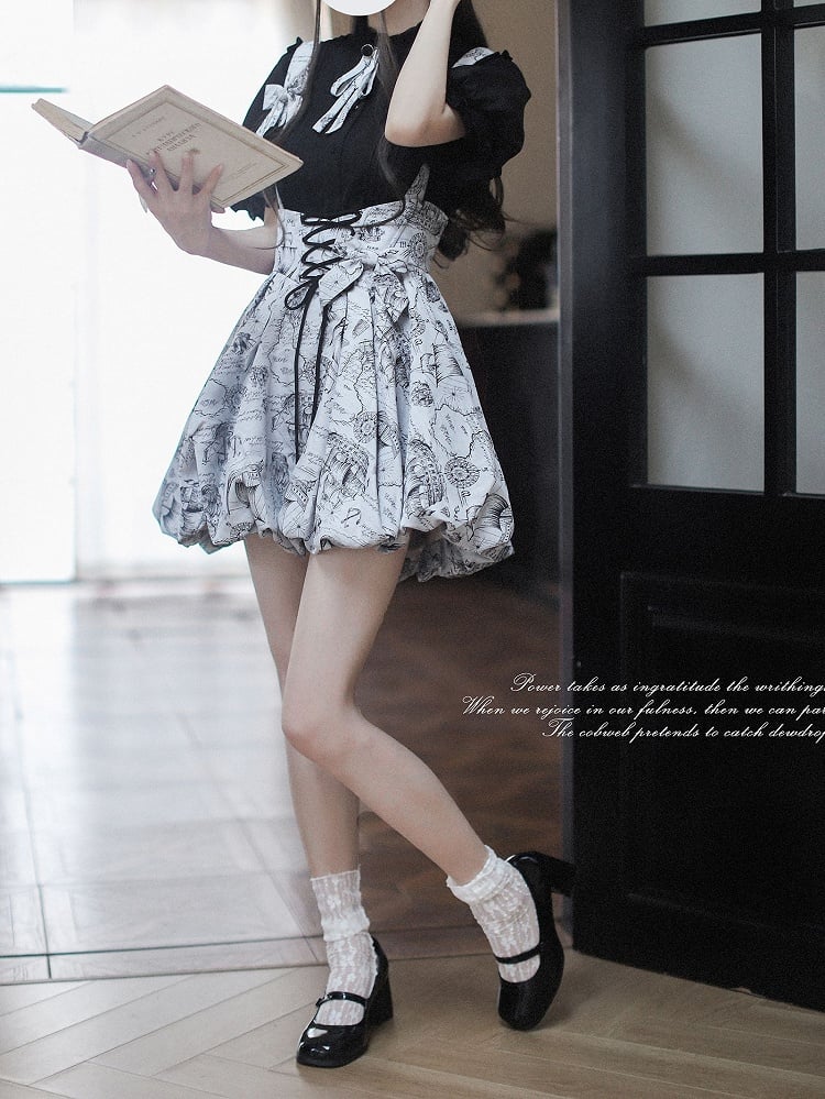 Black Ruffle Neckline Blouse with Puff Sleeves and Pleating Details