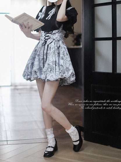 Black Ruffle Neckline Blouse with Puff Sleeves and Pleating Details