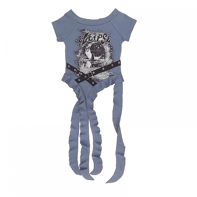Y2K Blau/Schwarzes Criss-Cross-Design Kaskadierende Rüschenakzente Mond-T-Shirt-Druck