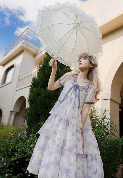 パープルのハイウエストリボンティアードスカートのサマーロリータドレス