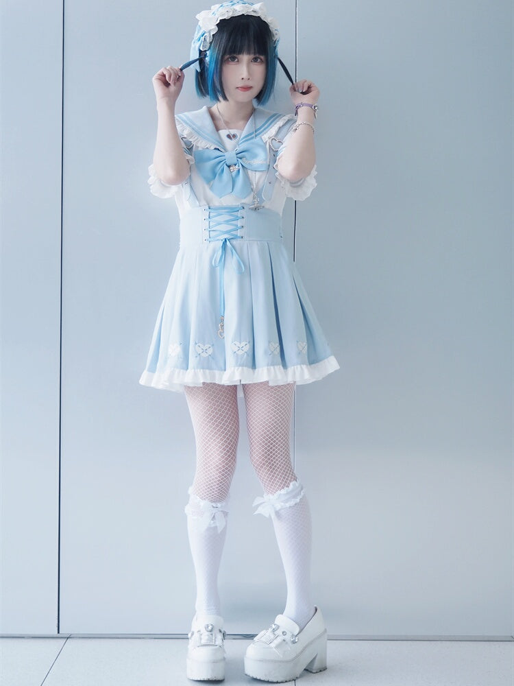 Jirai Kei Overalls Hellblau Herz Stickerei vorne Schnürung