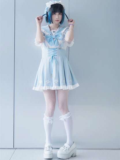 Jirai Kei Overalls Hellblau Herz Stickerei vorne Schnürung