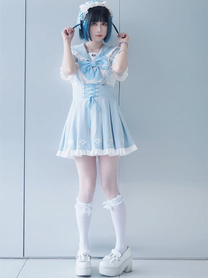 Cutout Bluse Blau Bowknot Weiß Matrosenkragen Herzförmiges Licht