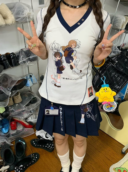 Print White T-Shirt Stripe Details Character with and