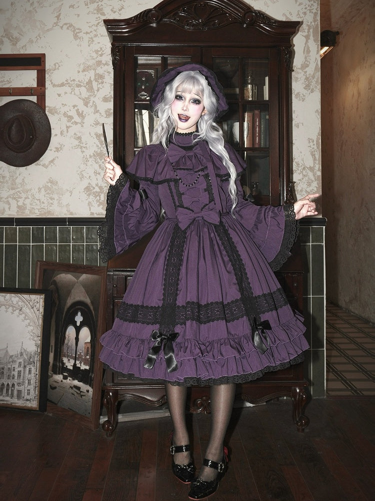 Gothic Lolita Bowknot A-line OP Dress in Black Purple with Bell Sleeves Ruffle Doll Style - NnSTAR