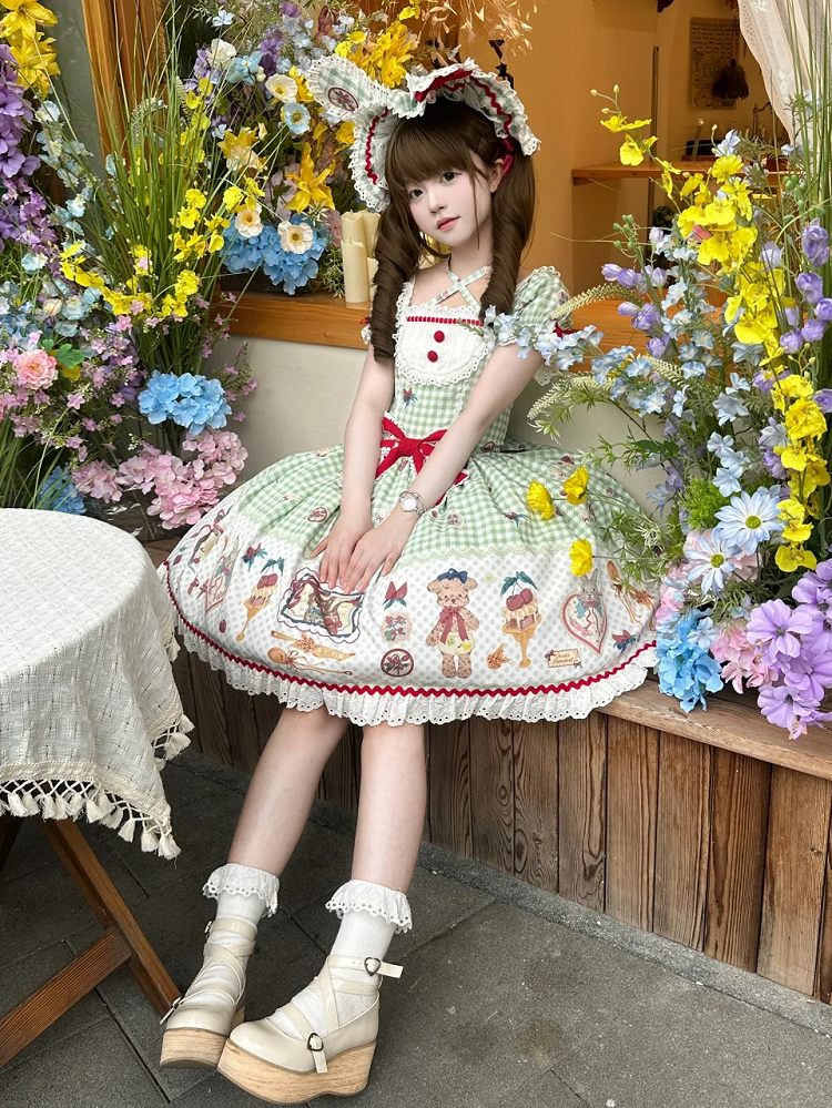 Gingham Black Sleeves Kitty and Print Sweet Lolita Dress Short Bunny