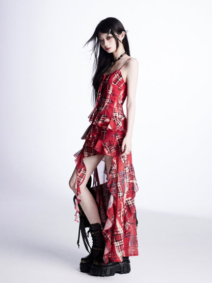High-low Cami Dress Red Plaid Cascading Ruffle Trim Holiday Skirt
