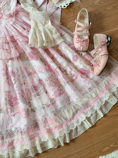Pink Deer & Floral Print Flutter Sleeves Sweet Lolita JSK Dress with Overlay - Honey Machine