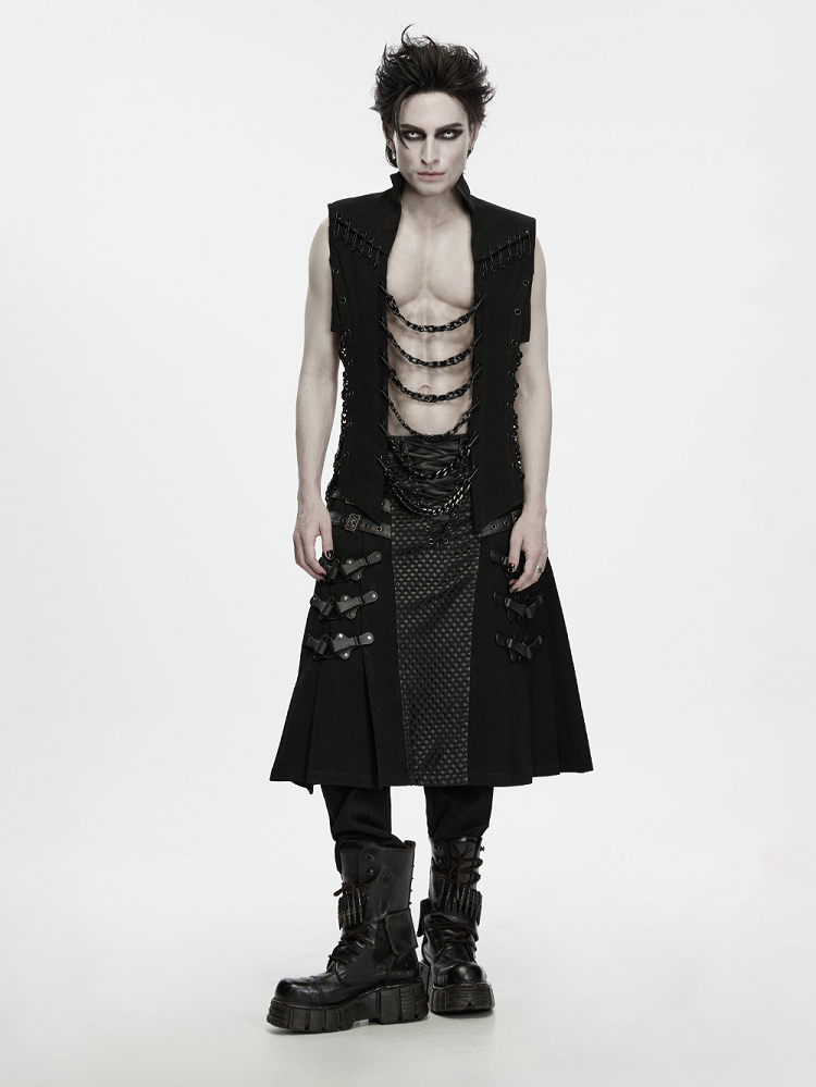 Abyss Chain Stand-Collar Black Men's Punk Vest - Punk Rave