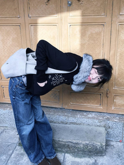 Trim Detachable Snowflake with Faux Hood Hooded Black Fur Rhinestone Jacket Zip-up