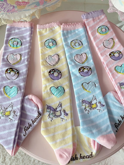 Over Striped Knee Donut Unicorn Pattern Print Lolita Pink/Yellow/Blue/Purple Stockings
