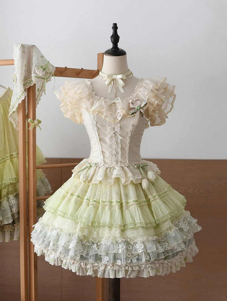 Short Green Bowknot Embroidery Classic Lolita Layered Ruffle Skirt - Amor Design