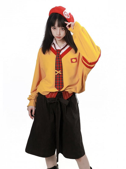 Wide-Leg Black Shorts with Red Striped Waistband - PINK SAVIOR