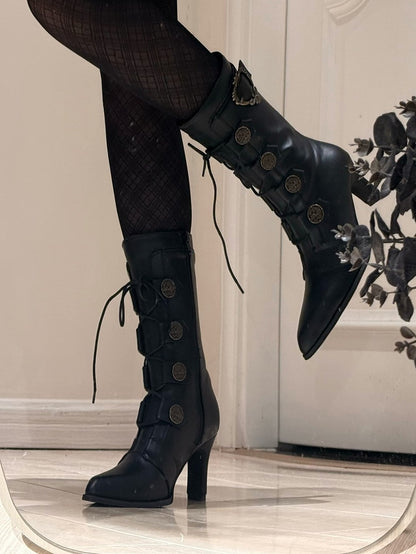 Schnürstiefel mit spitzer Spitze und Schnalle aus Leder, halbhohe Stiefel, elegante Verzierungen – mit Absätzen, Lolita PU und Schwarz