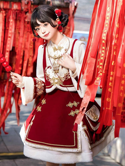 赤い新年の結び目ボタンのバンドカラーのロリータドレスベストタッセルクロスボディバッグフルセット