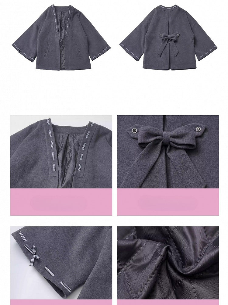 Dark Grey Bow Accents Open Placket Woolen Coat
