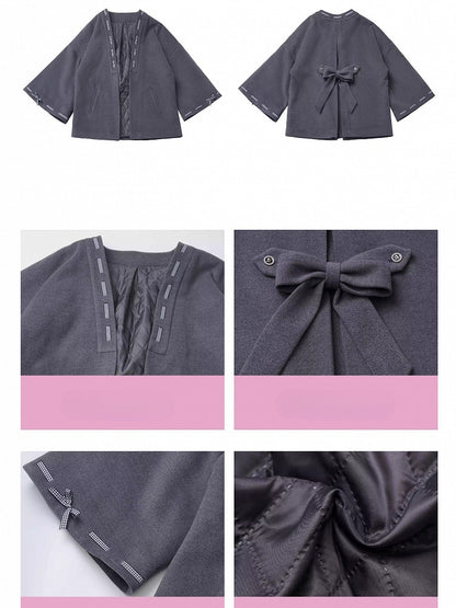 Dark Grey Bow Accents Open Placket Woolen Coat