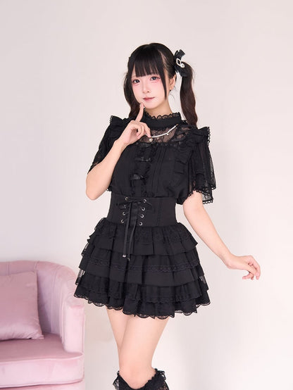 Black Neckline with Beaded Style Chain Details Illusion Criss-cross Jirai Kei Blouse