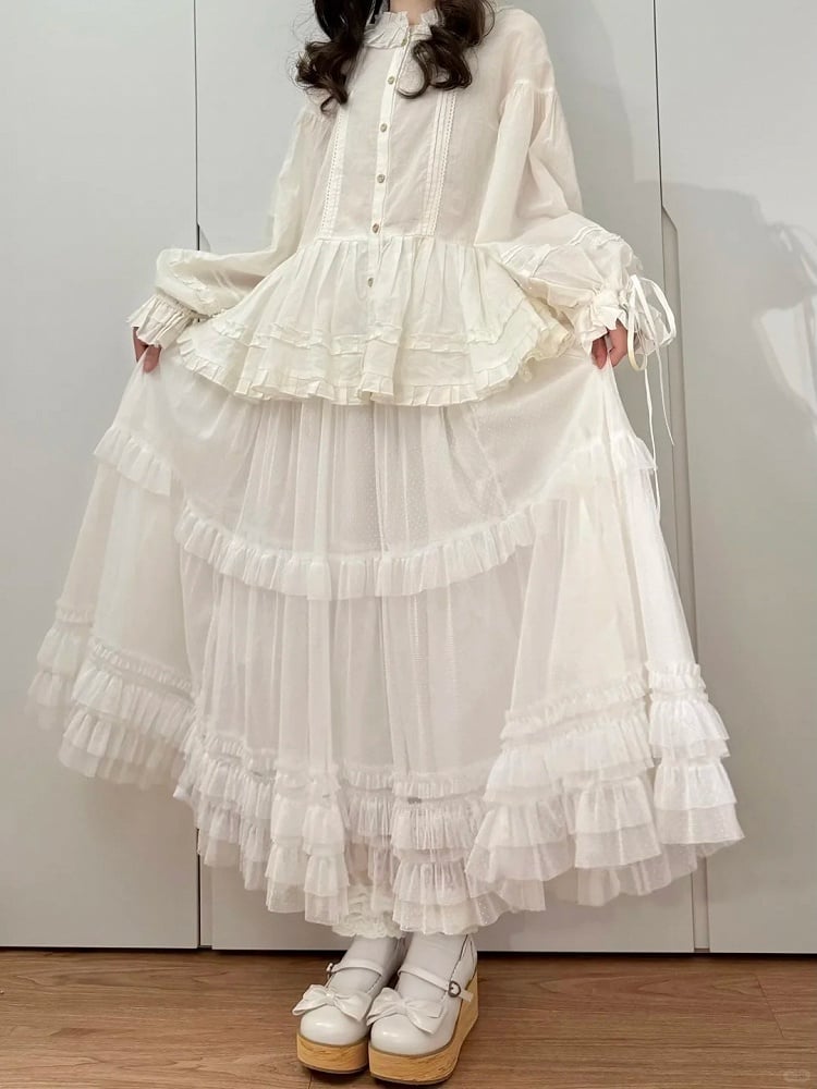 Jupe blanche Lolita ample à volants et ourlet en tulle multi-couches