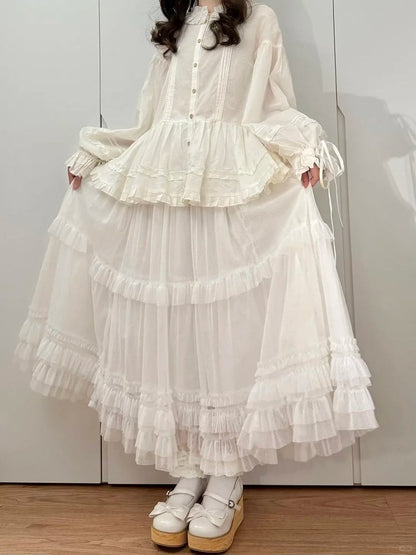 Jupe blanche Lolita ample à volants et ourlet en tulle multi-couches