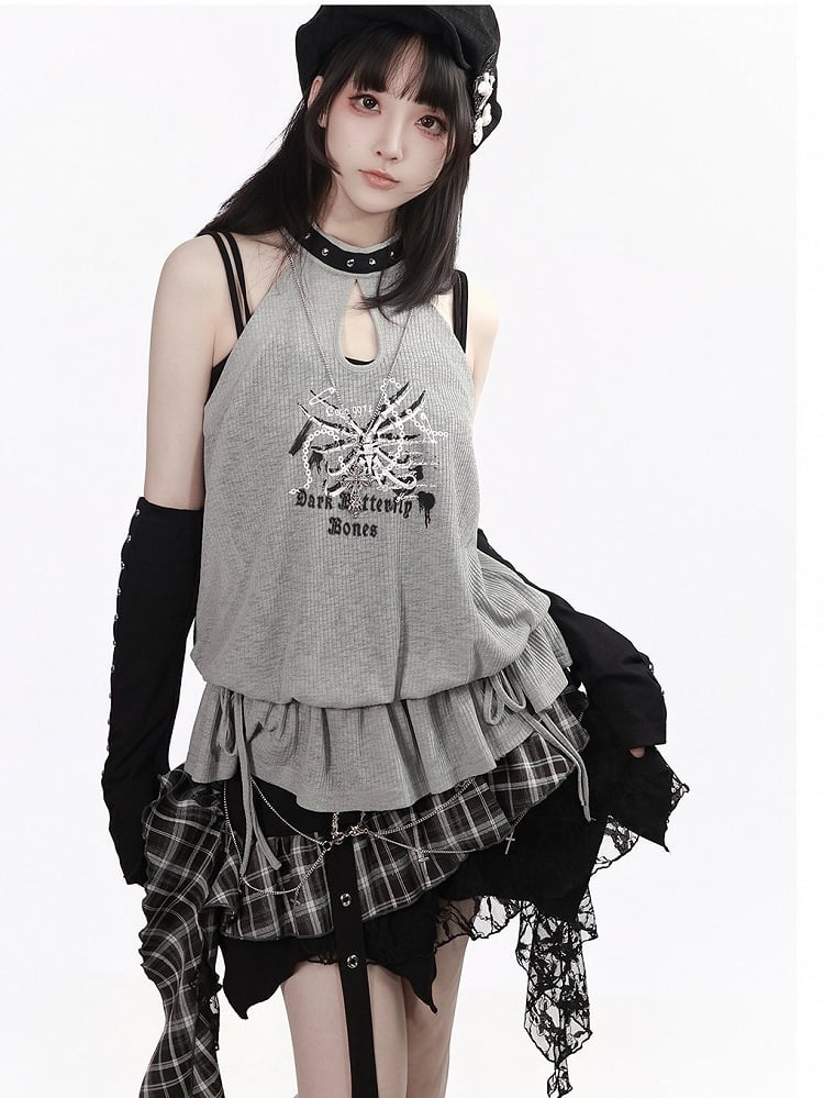 Skeleton Print Gray Studded Halter Sleeveless Peplum Top - PINK SAVIOR