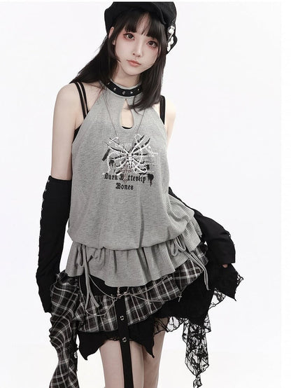 Skeleton Print Gray Studded Halter Sleeveless Peplum Top - PINK SAVIOR