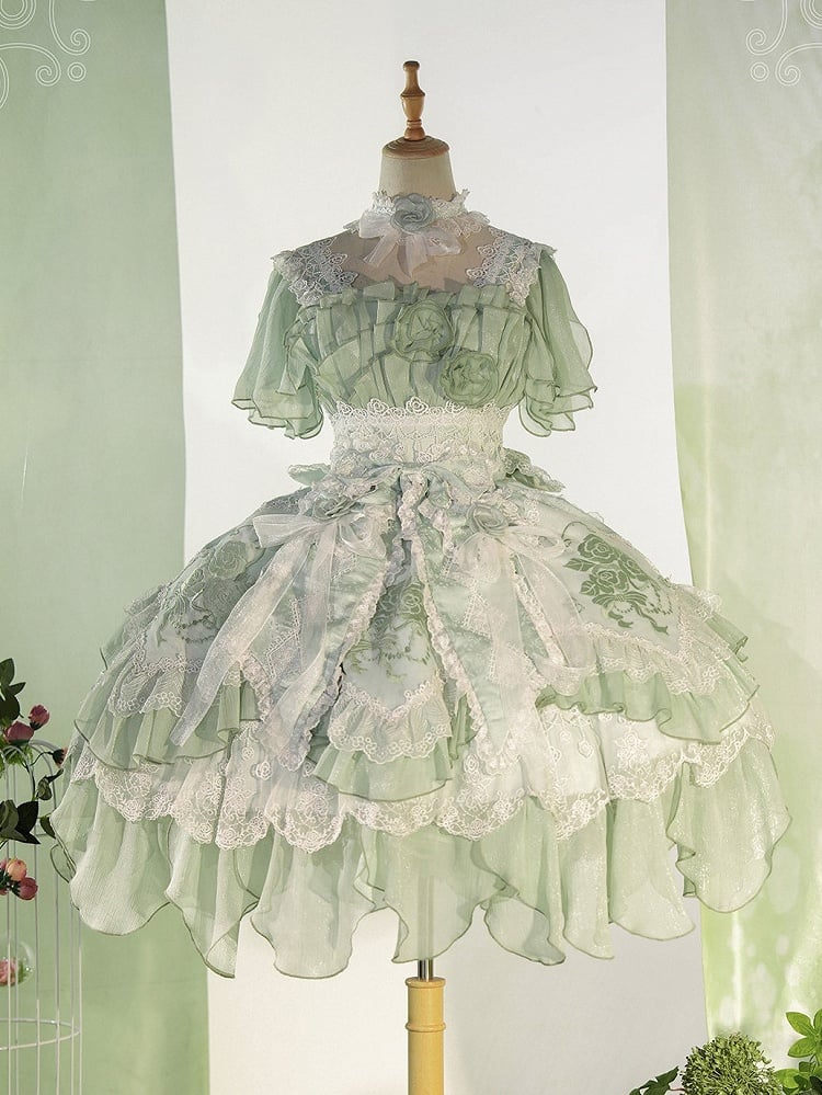 Hanayome Short Lolita Flowing Accents Dress Green Layered Version JSK Ruffles with Light Rose
