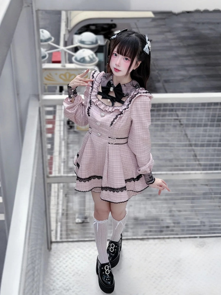 Jirai Matching Sweet Pink with Collar Outfit: Shorts Kei Detachable Two-Piece Tweed Puff Plaid Dress