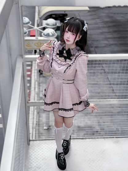 Jirai Matching Sweet Pink with Collar Outfit: Shorts Kei Detachable Two-Piece Tweed Puff Plaid Dress