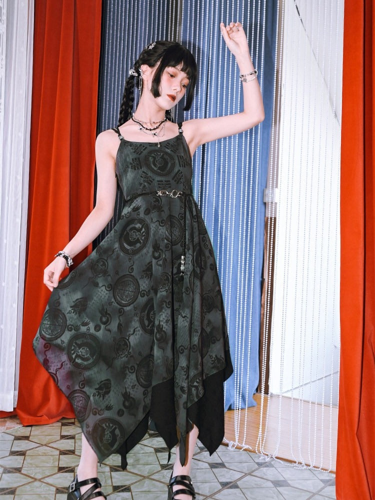 Gothic Black Asymmetric Hem Cami Dress with Dark Chinese Print - Quirky Hut